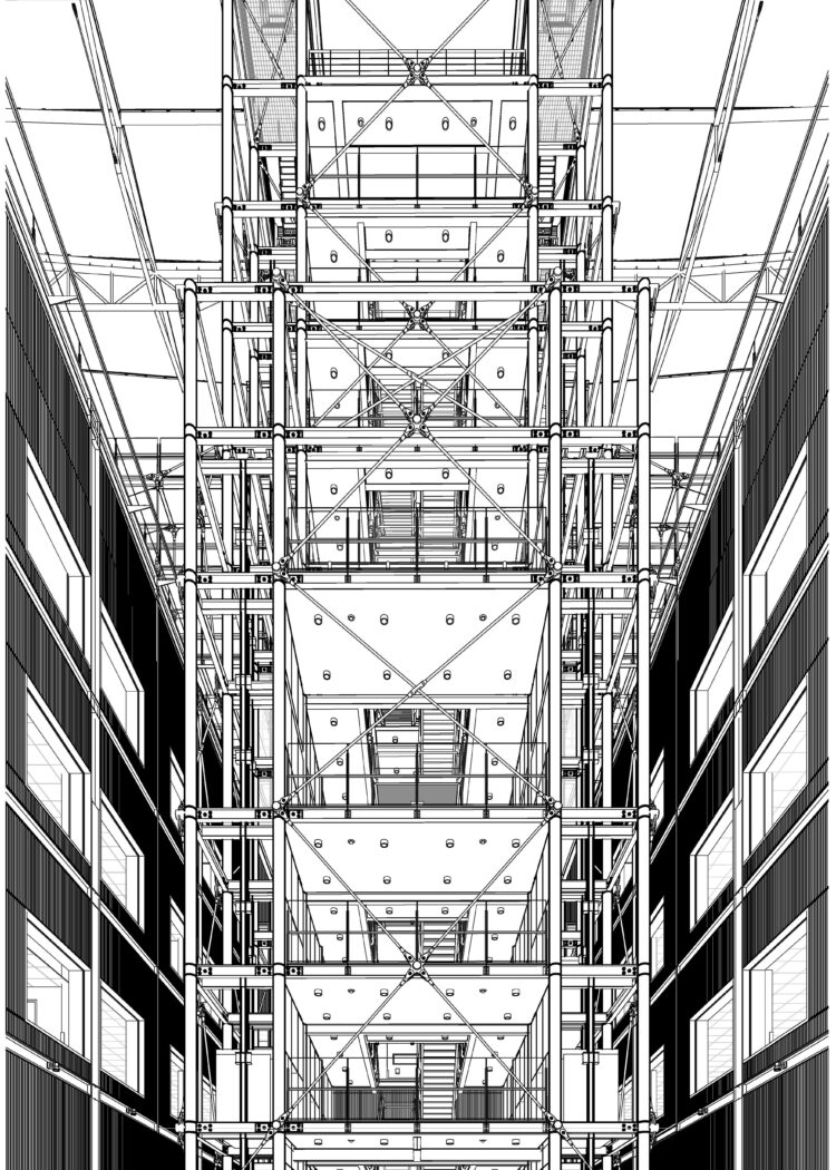 Revit BIM model showing technical line drawing of five-story central core with stairs and elevators in hospital winter garden atrium