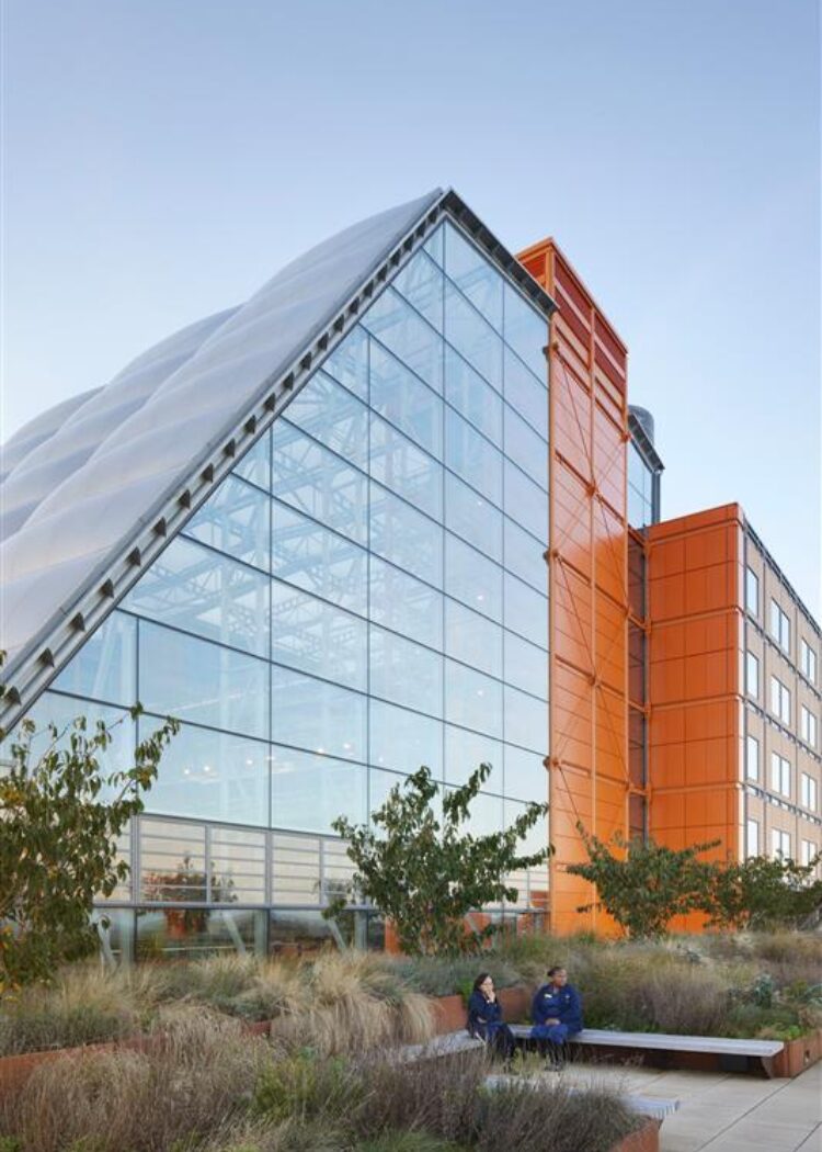 Modern healthcare facility exterior with glass curtain wall, orange cladding panels, and landscaped courtyard seating area