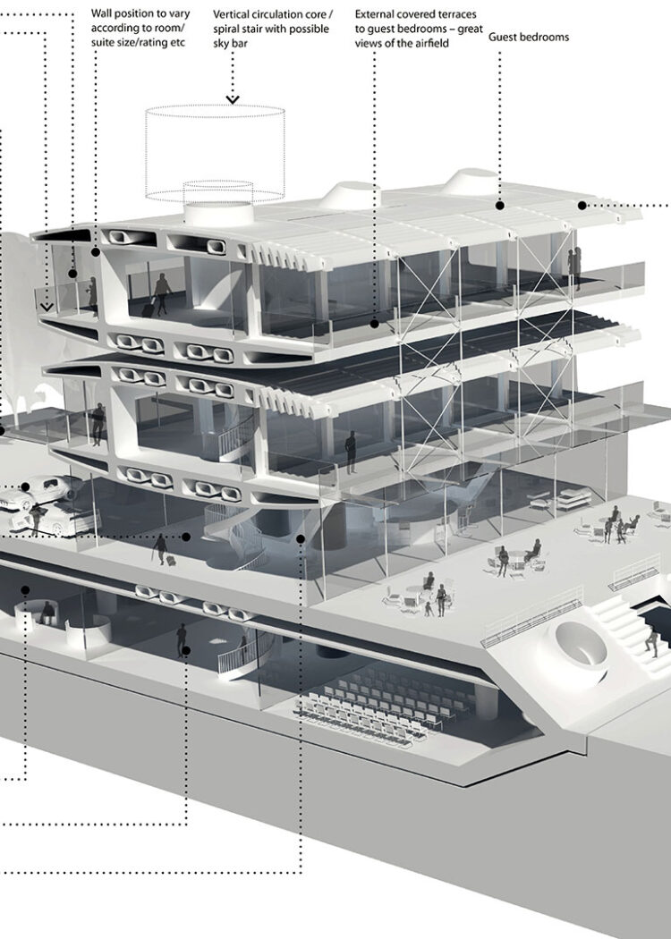 Detailed white architectural model showing multi-story Bicester Motion airport hotel design with labeled features and specifications