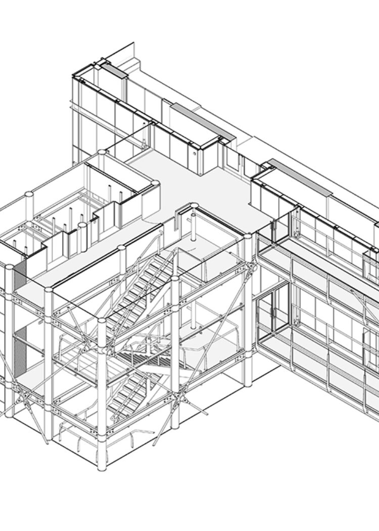 Hidden line architectural drawing showing the intricate structural and circulation core design for Midland Metropolitan University Hospital