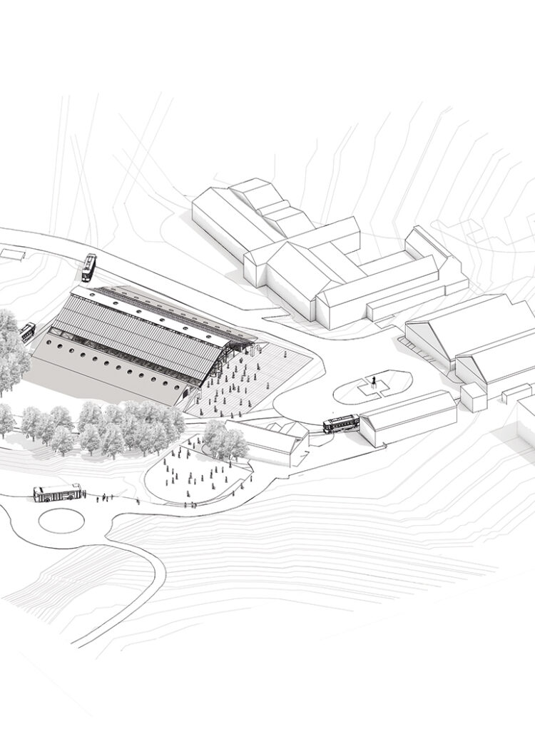 Rendered aerial architectural drawing showing proposed development for Black Country Living Museum with buildings integrated into landscaped setting