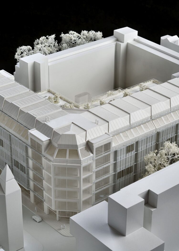 Aerial view of white architectural model showing Grafton Way Building for University College London Hospitals used for town planning application submission