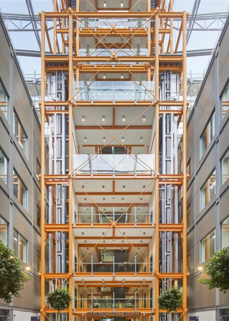 Five-story timber-framed central core featuring stairs and elevators in the winter garden atrium of Midland Metropolitan University Hospital with natural lighting